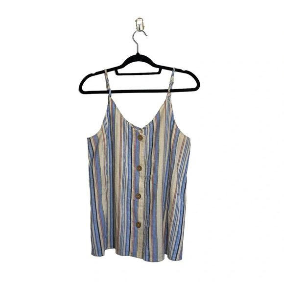 Entro Cream & Blue Striped Button Front V-neck Tank Top Large Women’s - Picture 1 of 11